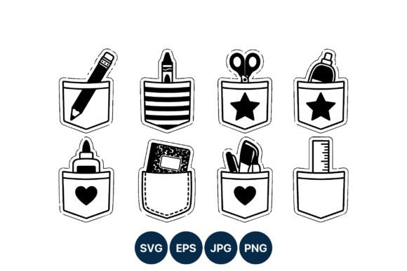 School Supplies Pocket Icons Black White Review